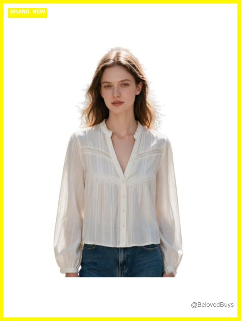 Lace Ruffle Collar Cropped Cotton Blouse Puff Sleeve V Neck Top